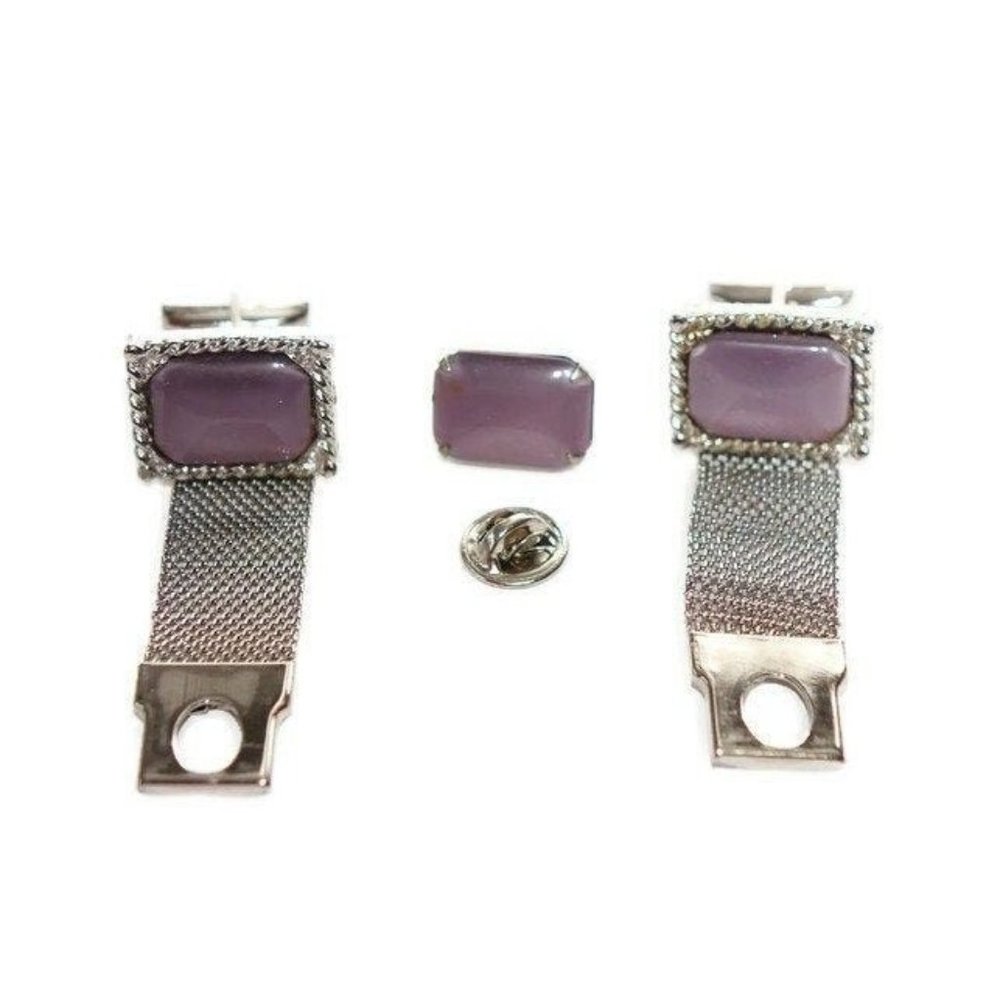 Cuff Links and Tie Tack Set Purple Lavender Satin Glass Silver Toned Boxed Set M